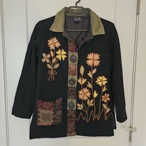 Vtg Poetica Felt Wool Floral Crewel Embroidery Jacket Pocket Patch Corduroy